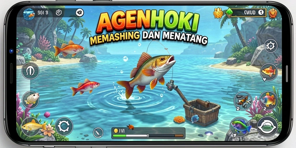 Tampilan gameplay AGENHOKI yang seru dengan aksi memancing yang mendebarkan.