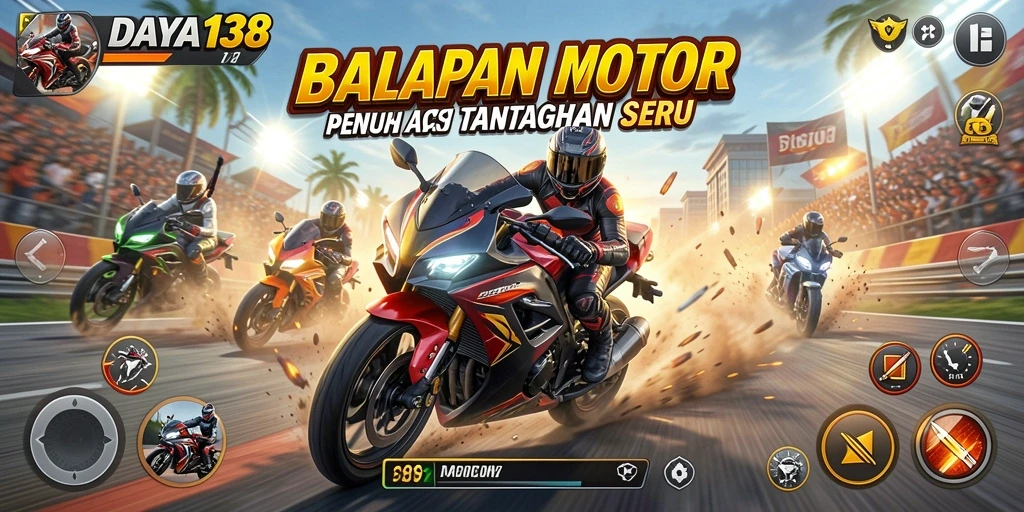 Tampilan gameplay seru dalam balapan motor yang mendebarkan.