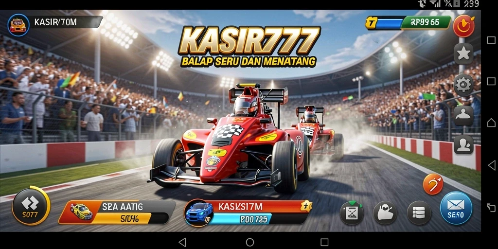 Tangkapan layar gameplay KASIR777 dengan mobil balap di lintasan.