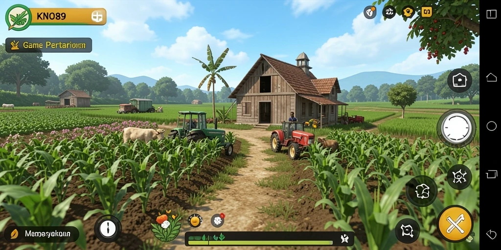 Tampilan gameplay KNO89 dengan ladang hijau dan tanaman subur.