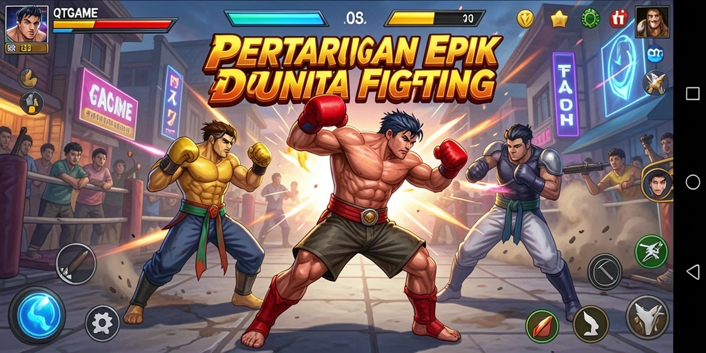 Screenshot gameplay QTGAME menampilkan aksi pertarungan yang intens.