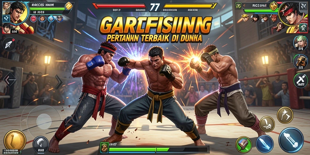 Screenshot utama RICIS77 menampilkan pertarungan yang mendebarkan antara dua karakter.