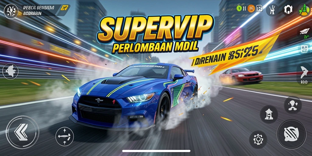 Tangkapan layar SUPERVIP menampilkan aksi balapan yang intens dan mendebarkan.
