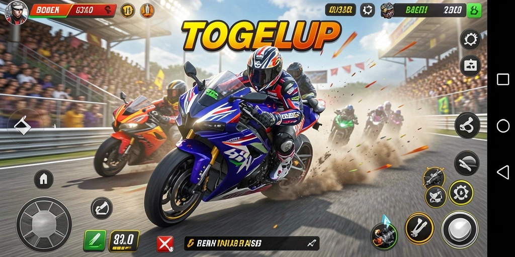 Gameplay seru TOGELUP dengan motor cepat di lintasan balap.