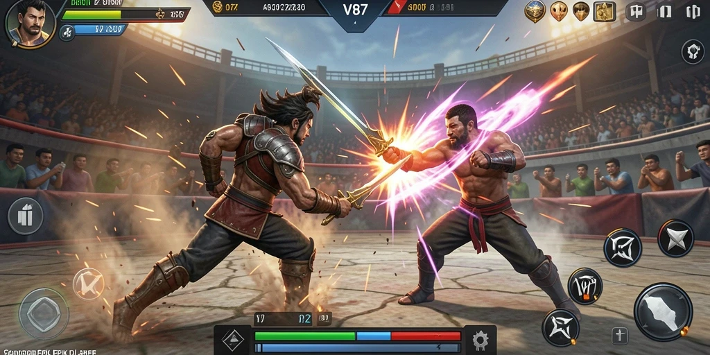 Gambar menunjukkan momen pertarungan seru di V87 dengan karakter unik.